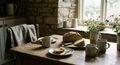 Authentic Stone Cottage Breakfast Table with Sourdough and Wildflowers
