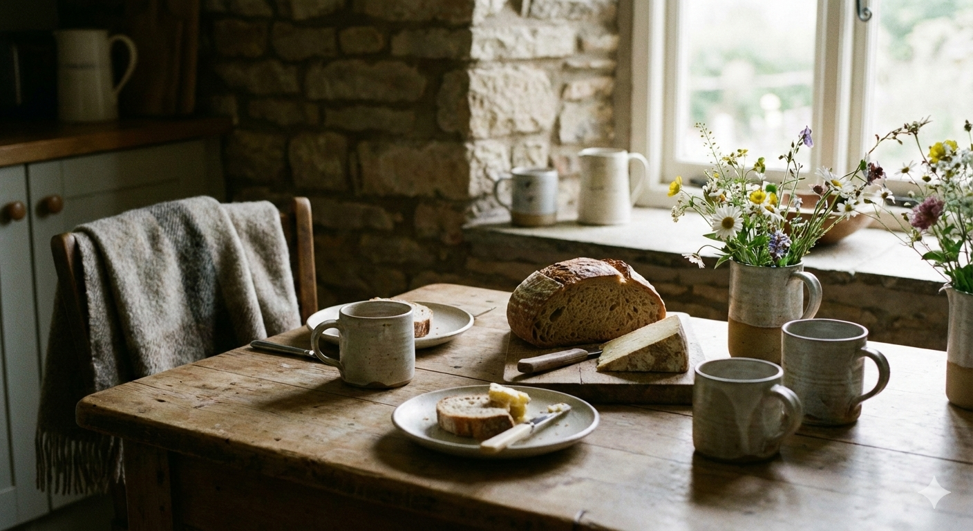 Authentic Stone Cottage Breakfast Table with Sourdough and Wildflowers
