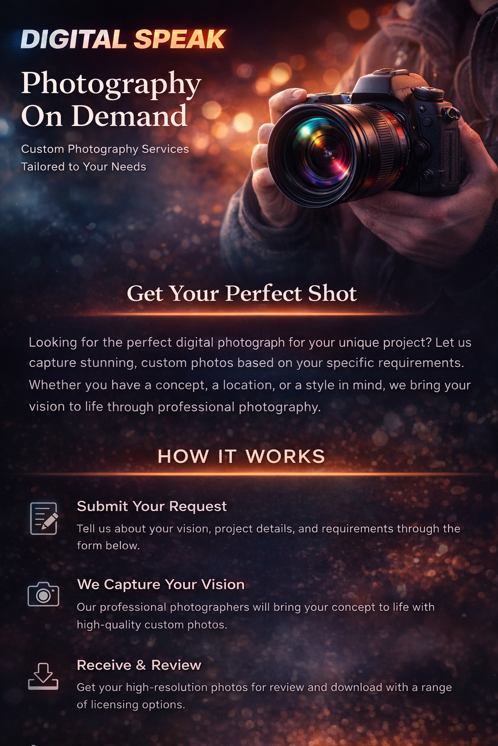 Digital Speak Photography On Demand advertisement with a camera and blurred lights background