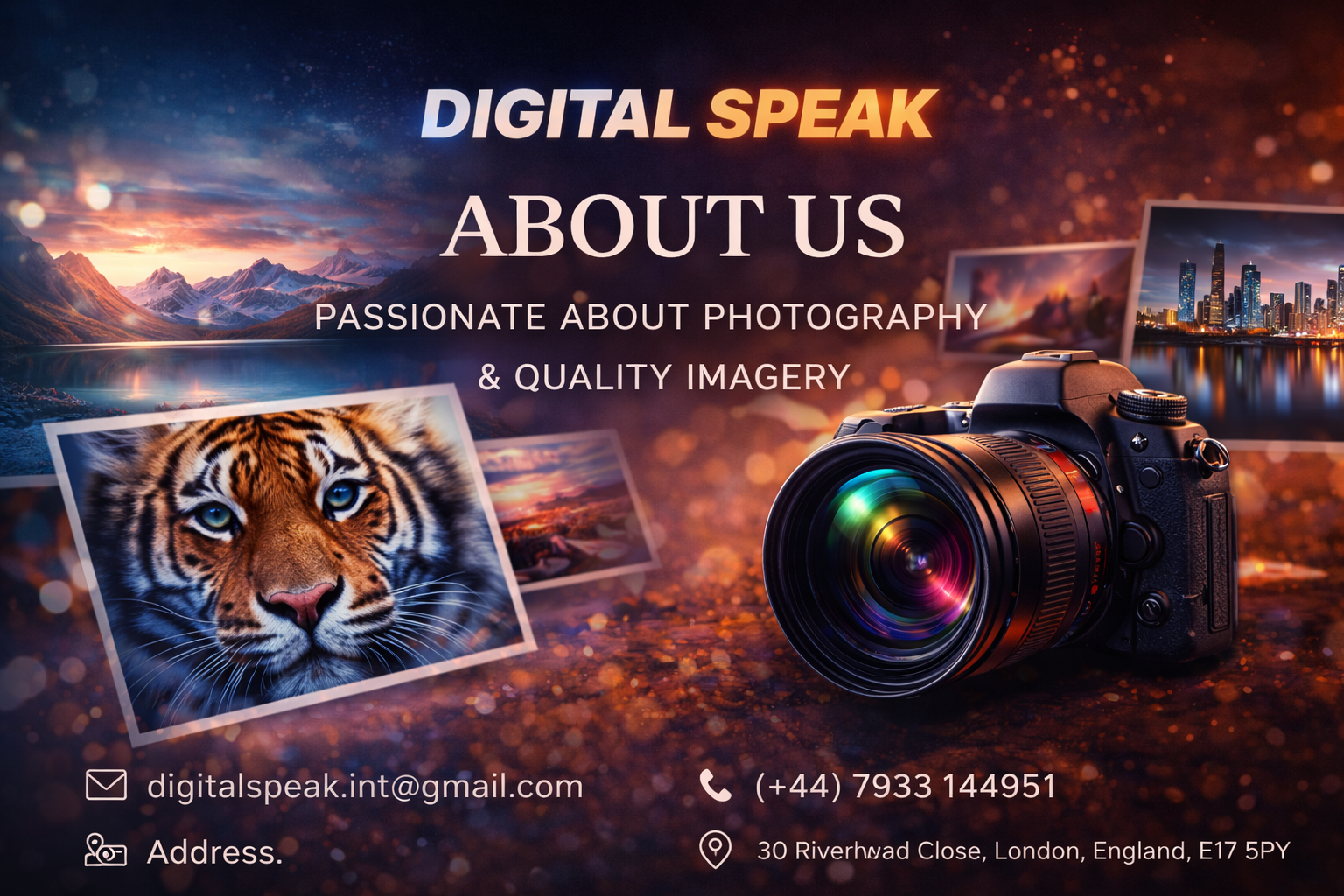 Promotional image for Digital Speak with camera, tiger photo, and contact information.